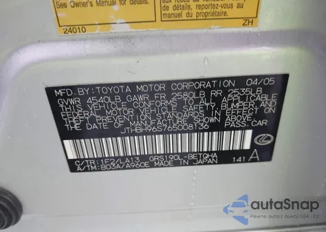 2006 Lexus Gs 300 z USA, uszkodzony, nr VIN JTHBH96S765008136